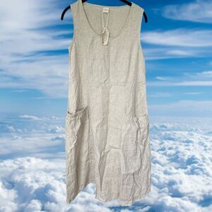 Lintico Dress Size Small 100% Linen Lagenlook Tan Dress NEW Sleeveless Pockets